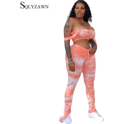 Hot Sale Tie Dye Striped Women Sexy Crop Top Tracksuit Fashion Drawstring Trousers Ruched Split Flare Pants 2 Piece Set Outfits