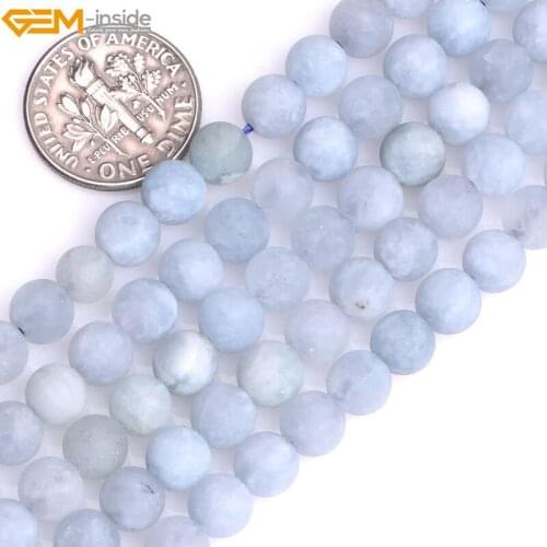 Gem-inside 6-12mm Natural Round Blue Aquamarines Stone Precious Matte Frosted Beads for Jewelry Making DIY Valentine Gift