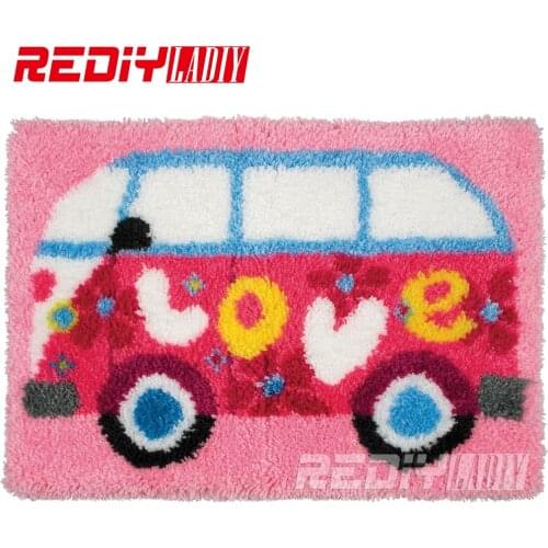 Latch Hook Rug Kits Unfinished Crocheting Tapestry Yarn Needlework Cushion Set for Embroidery Carpet Pink Love Bus Home Decor