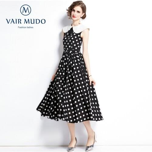 2021 New Womens Fashion Dress Lapel Hepburn Slim Retro Polka Dot Print Mid-length Dress Elegant Fashion Peter Pan Collar Y-197