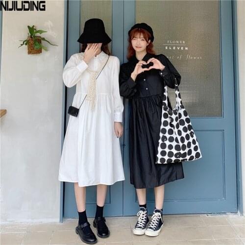 NIJIUDING 2020 Autumn High Waist Slim Cotton Dress Lady Vintage Solid Loose Long Sleeve Turn Down Collar Mid Calf Dresses Female