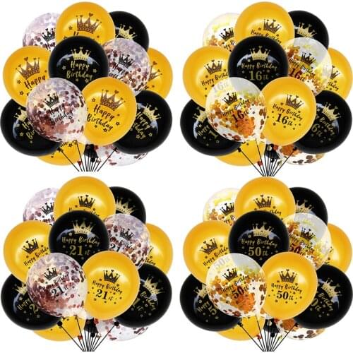 15pcs Black Gold Crown Happy Birthday Confetti Latex Balloons 16 18 21 30 60th Year Birthday Party Decorations Adult 50 Birthday