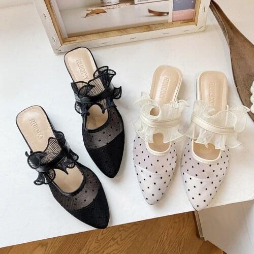 2021 Summer Women Slippers Pointed Toe Dot Mesh Modern Slipper Ruffles Gauze Slides Ladies Shoes Fashion zapatos mujer 9053N