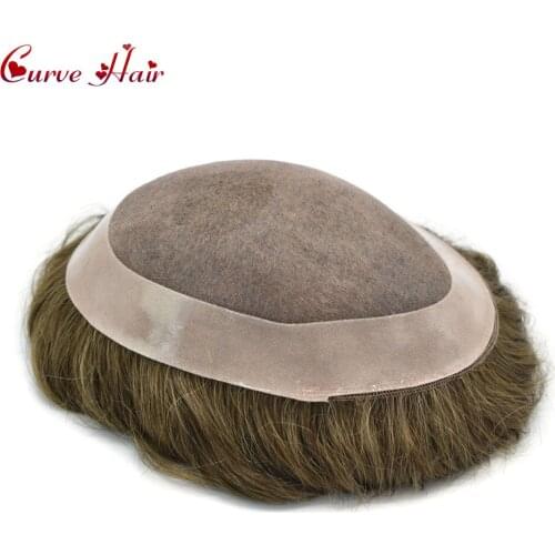 Fine Mono Remy Hair Durable Men Toupee Poly Coating Around Hair System More Colors Easy to Wear Mens Replacement Hairpieces