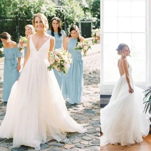 V-Neck Sleeveless A-Line Tulle Princess Long Wedding Dress Spaghetti Staps Ivory Backless Beach Dresses Gowns
