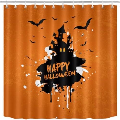 72'' Bathroom Waterproof Fabric Shower Curtain 12 Hooks Bath Accessory Sets Sight Blocking Graffiti Castle Bats Happy Halloween