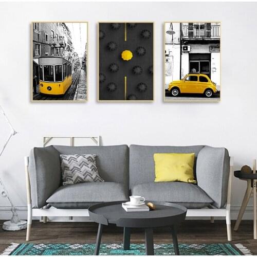 Yumeart Yellow Bus Umbrella Black and White Morden Style Canvas Wall Art Posters Prints Canvas Painting Living Room Home Decor