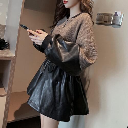 Women Winter Long Knitted Stitching PU Leather Waist Retro Jacket Lazy Style Loose Female Casual Outwear Clothes