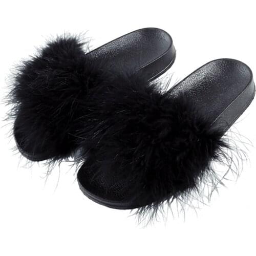 New Women Slippers Fluffy Fluff Decoration Fashion Wear Flat Bottom Open Toe Sandals For Summer Casual Womens Slippers