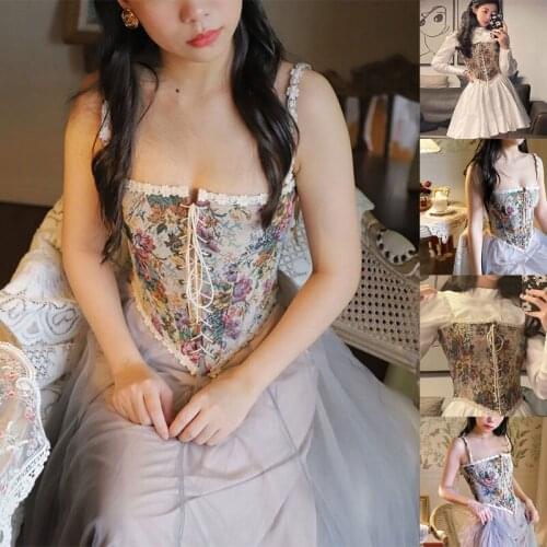 Women Vintage Flower Print Bustier Tank Tops Sexy Elegant Slim Corset Crop Top with Straps for Party Club Ordinary X7XC