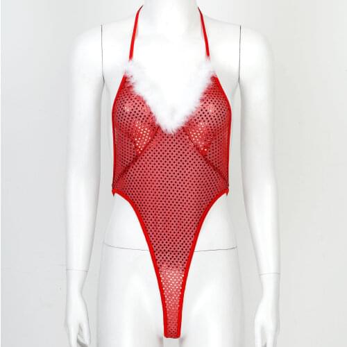 Red Womens Femme Sequins Feather Trim Open Back Halter Neck Bodysuit Christmas Santa Lingerie Teddies Bodycon Catsuit