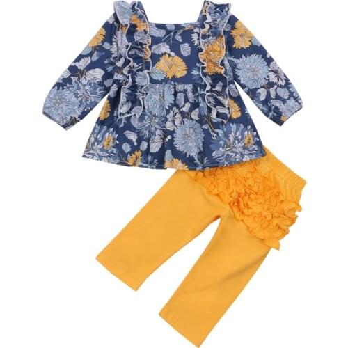 Kid Children 2 Pcs Ruffle Outfits Clothes Baby Lantern Sleeve Square Collar Pullover + Solid Color Trousers Infant Clothing