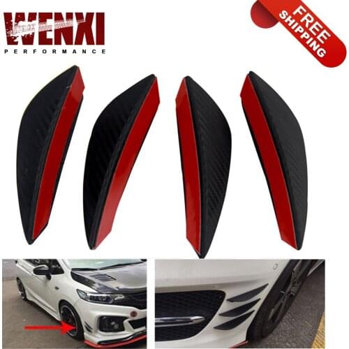 4Pcs/set Black Carbon Fiber Fit Front Bumper Lip Splitter Fin Air Knife Auto Body Kit Car Spoiler Canards Valence Chin Accessory