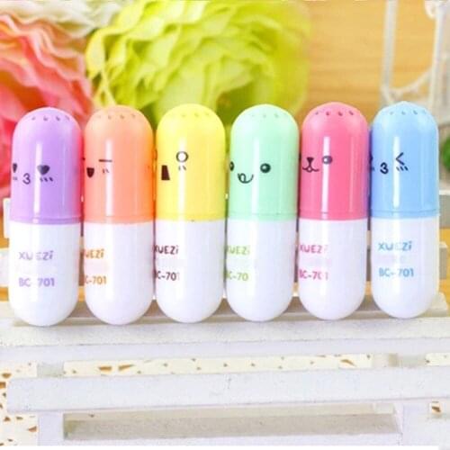 6PCS Cute Mini Smiling Face Pill Highlighter Lovely Cartoon Painting Pen Marking Pens Students Learn Stationery Supplies