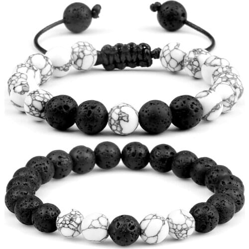 Beaded Distance Bracelet Classic Black White Natural Lava Stone Charm Bracelets for Men Women Best Friend Jewelry Gift Pulseira