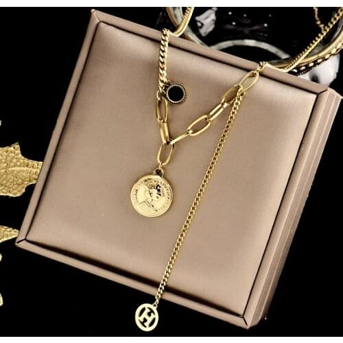 Stainless steel fadeless beauty head coin collarbone chain INS cold wind personality necklace niche design joker choker tide