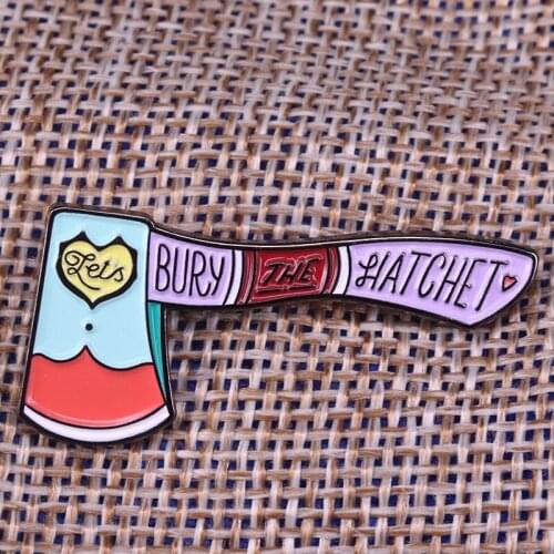 Lets bury the hatchet enamel pin mystery murder brooch lilac axe badge pastel Goth Halloween accessory