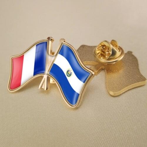 France and El Salvador Crossed Double Friendship Flags Lapel Pins Brooch Badges