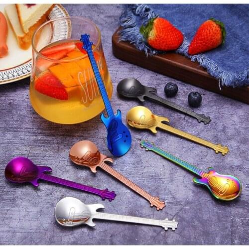 2pcs Stainless Steel Korean Coffee Spoon Bar Dessert Small Round Guitar Stirring Spoon Kitchen Spoon Seasoning Stirring Spoon