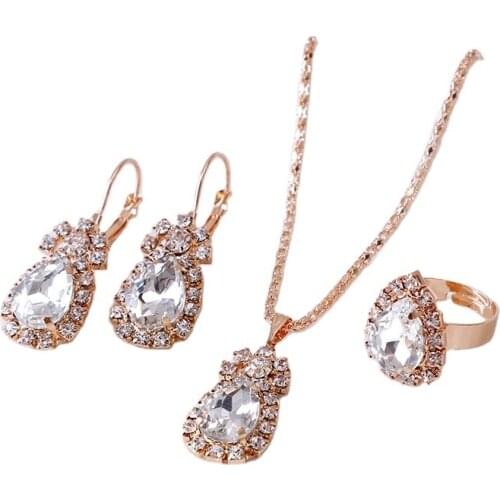 MIQIAO Gold Plated Drop Stone Crystal Big Luxury Zircon Ear Hook Piercing Earring Collar Necklace Ring Jewelry Sets for Women