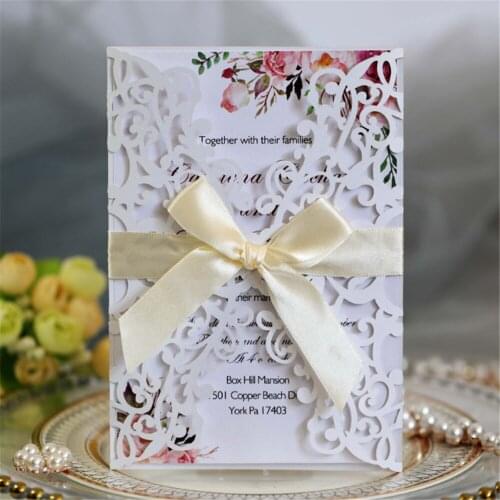 Laser Wedding Invitations 50pcs With Ribbon Personalized Text Printing Multi Colors Wedding Party Supply