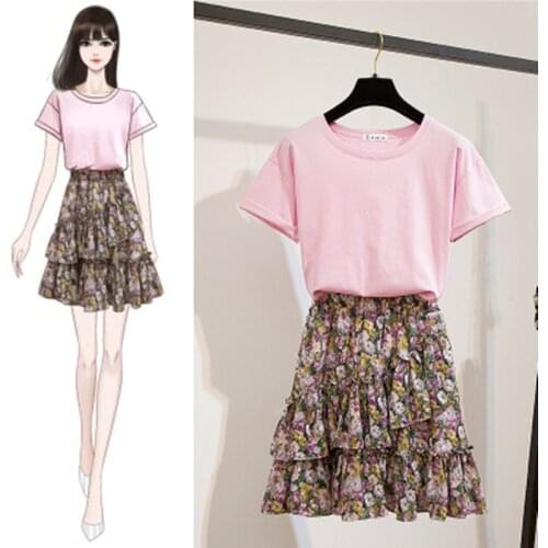 Two Piece Set Tracksuit Summer New Fashion Solid Short Sleeve Cotton T shirt +Ruffles Floral Printed Mini Skirt Suits
