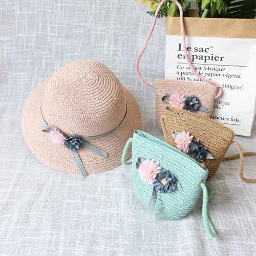 Girls Summer Hat Kids Cute Floral Decorate Straw Hat with Handbag Children Panama Sun Protect Bucket Beach Cap For Baby
