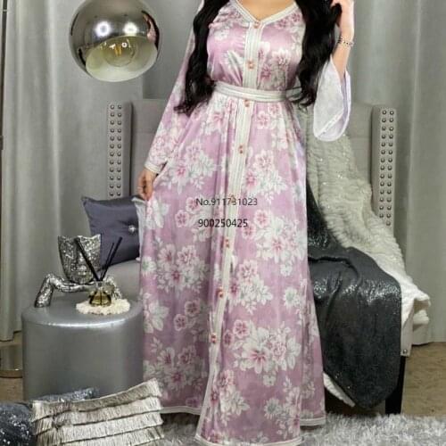 Middle East Fashion Floral Autumn Long Sleeve Abaya Maxi Dress Kuwait Traditional Party Muslim Women Hijab Robe Gowns