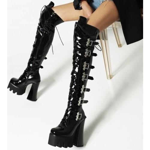 Fashion Designed Buckle Strap Side Zipper Patent Leather Over Knee High Boots for Ladies Black Platform Chunky High Heel Boots