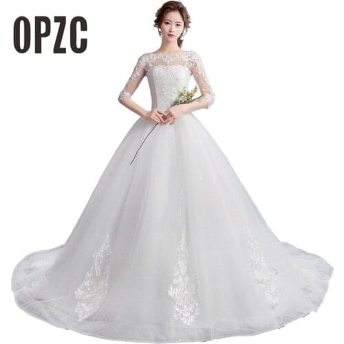 New Fashion Simple Off white Sweet O-Neck Half Sleeve Wedding Dresses for brides Lace Big Train elegant Muslin style Can Custom
