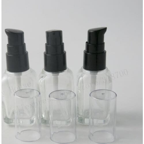 New arrival 360pcs 30ml Clear Square Glass Essential Oils Container With Black Pump 1oz Transparent Glass Lotion Pump Bottles