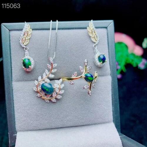 Best Gift Real Natural Black Opal jewelry set Natural Real Black Opal 925 sterling silver 1pc pendant,1pc ring,2pcs Earring