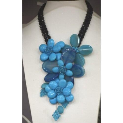 Amazing Fashion Blue Turquoises Agates Black crystal Jewelry Wrap Flower Necklace