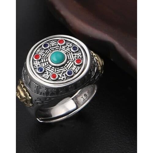 RetroSen Silver Tai Chi Bagua Rotate Ring Men And Women Inlay Vintage Hipster Index Index Finger Ring Party Wear Domineering
