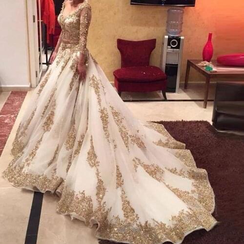Luxury Two Pieces Prom Dress 2021 White Formal Evening Gown With Gold Lace Applique Chapel Train Indian V Neck Long Sleeves Gala
