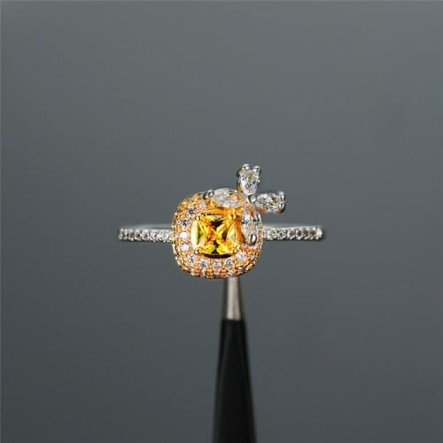 Luxury Female Crystal Yellow Stone Ring Silver Color Wedding Rings For Women Dainty Bridal Butterfly Engagement Ring