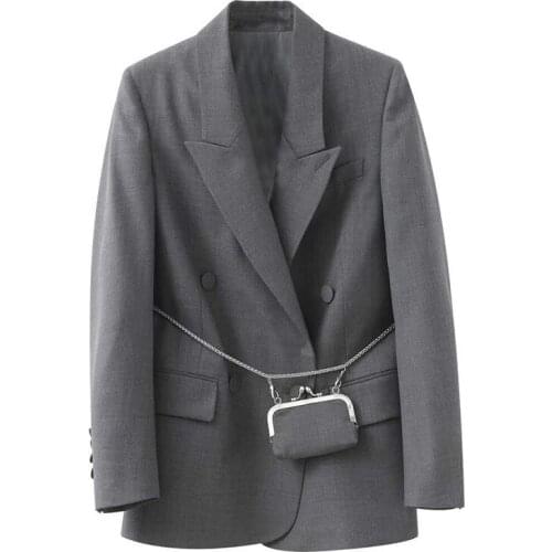 Luxury New Women Blazer Coat Full Sleeve Double Breasted With Belt Bag Female Fashion Solid Office Lady Formal Blazer Jacket
