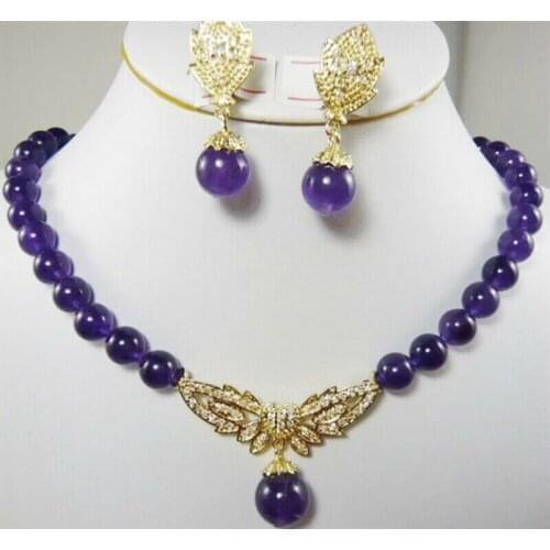 Russian Amethyst Round Gemstone Beads Pendants Necklace + Earrings Set 18" Hot