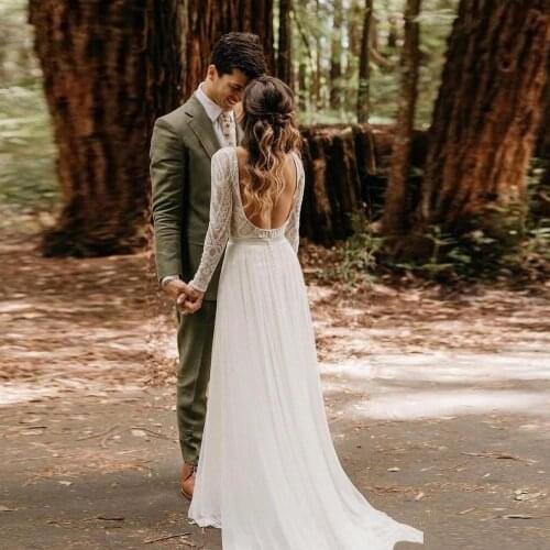 Sexy Bohemian Lace Mermaid Wedding Dress Long Sleeves Scoop Neck Applique Bridal Dresses Backless Wedding Gown Robe Mariee