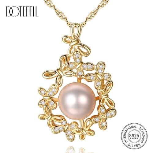 DOTEFFIL 925 Silver Chain butterfly Pearl Necklace Pendant Natural Freshwater Pearl Jewelry Link Party Women Gift Free Shipping