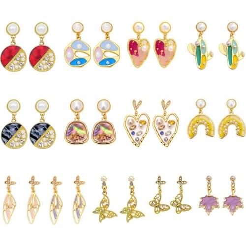 14 style fashion earrings butterfly wing flower alloy Eardrop Imitation pearl maple leaves cactus Ear Studs Jewelry gifts