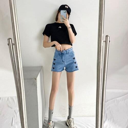 Female Denim Shorts Baggy Jeans Summer Women Casual Loose Wide Leg Shorts Jeans Embroidered Love High Waist Denim Shorts