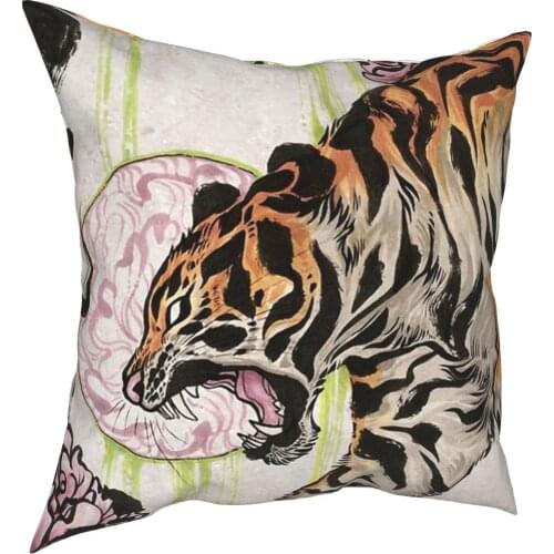 Tiger Flowers Chinese Words Pillowcover Home Decorative Cushions Throw Pillow for Sofa Polyester Double-sided Printing Casual