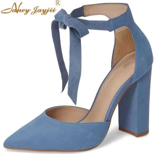 Blue Butterfly-Knot Ankle Strap Pumps Woman Pointed Toe Super High Chunky Heels Large Size 35 39 Ladies Casual Shoes Sweet 2019