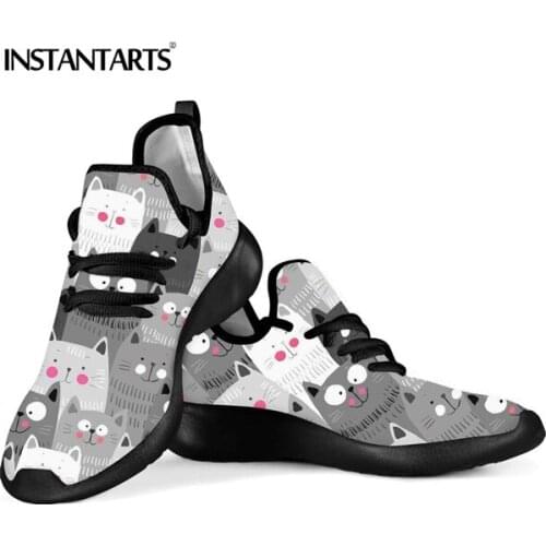 INSTANTARTS Summer Spring Women Lace Up Casual Sneakers Teenager Girl Mesh Knit Sneakers Puppy/Kitty Cat Print Flats Female Shoe