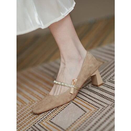 High heels new retro thick heel banquet temperament bowknot pearl Mary Jane womens shoes