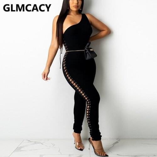 Women One Shoulder Side Lace Up Slim Jumpsuit Chic Sexy Streetwear Overalls