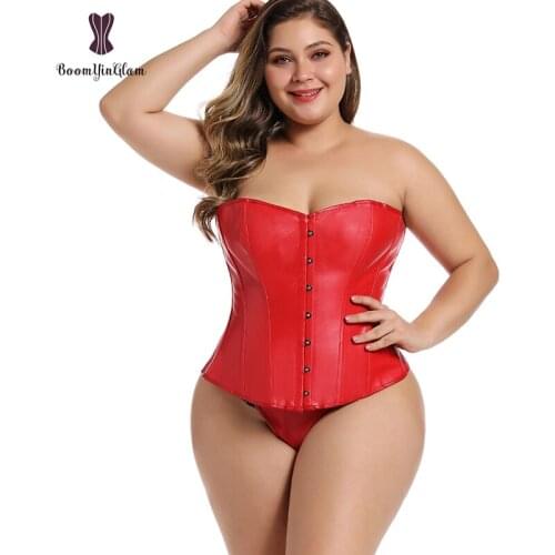 Plus Size Faux Leather Women Overbust Lace-up Boned Bridal Corset Bustier Lingerie Brocade Top 834