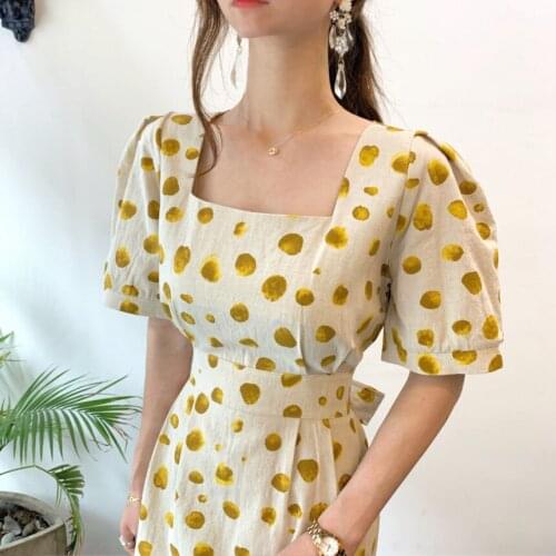 Korea Square Collar Point Printed Dress For Women One-Piece Slim Office Midi Party Dress Female Vogue Puff Sleeve Ladies Vestido