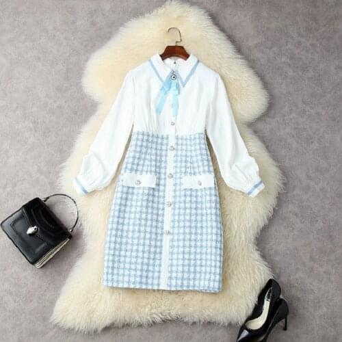 New 2021 Autumn Winter Dress High Quality Women Turn-down Collar Geometric Print Wool Patchwork Long Sleeve Casual Vintage Dress